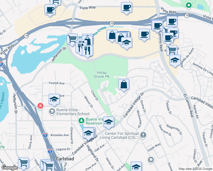 map of restaurants, bars, coffee shops, grocery stores, and more near 2726 Fernglen Road in Carlsbad