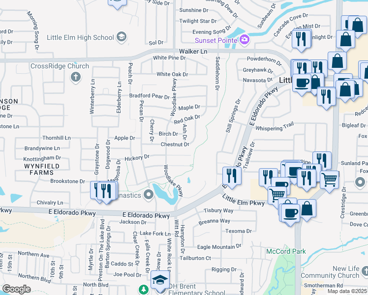 map of restaurants, bars, coffee shops, grocery stores, and more near 2332 Chestnut Drive in Little Elm