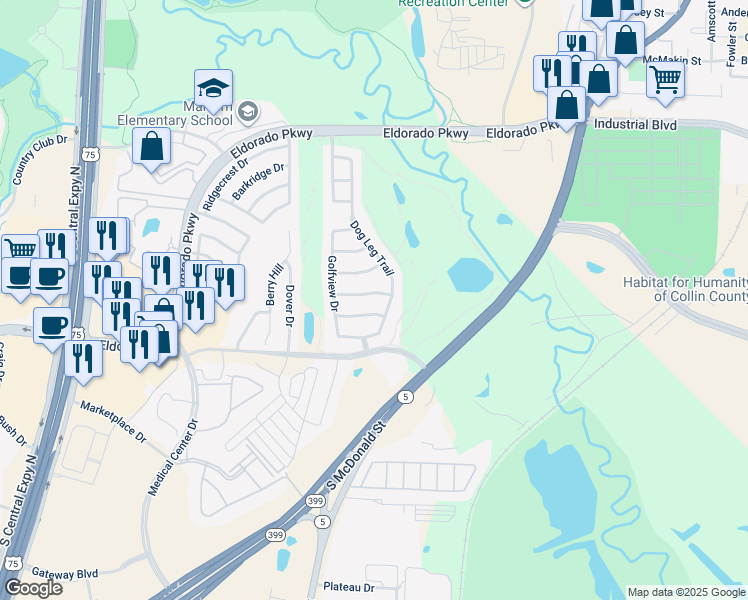 map of restaurants, bars, coffee shops, grocery stores, and more near 2808 Dog Leg Trail in McKinney