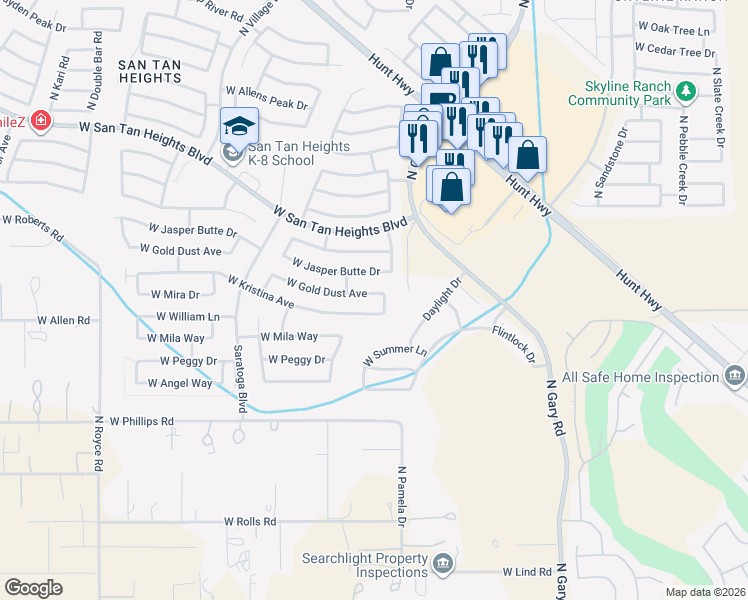 map of restaurants, bars, coffee shops, grocery stores, and more near 2035 West Gold Dust Avenue in Queen Creek