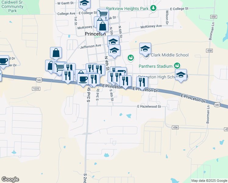 map of restaurants, bars, coffee shops, grocery stores, and more near 400 E Princeton Dr in Princeton