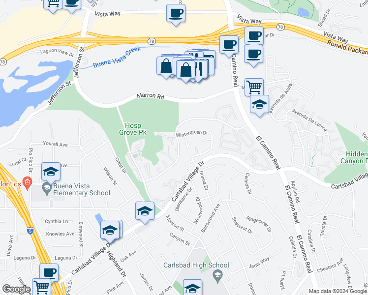 map of restaurants, bars, coffee shops, grocery stores, and more near 2217 David Place in Carlsbad