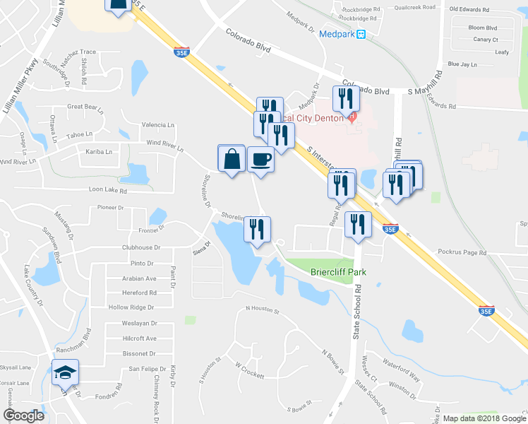 map of restaurants, bars, coffee shops, grocery stores, and more near 3306 Unicorn Lake Boulevard in Denton