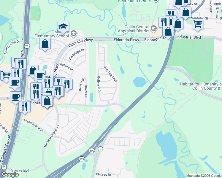 map of restaurants, bars, coffee shops, grocery stores, and more near 713 Golden Nugget Drive in McKinney