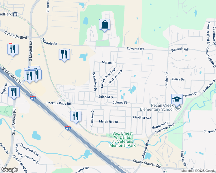 map of restaurants, bars, coffee shops, grocery stores, and more near Del Rey Drive in Denton