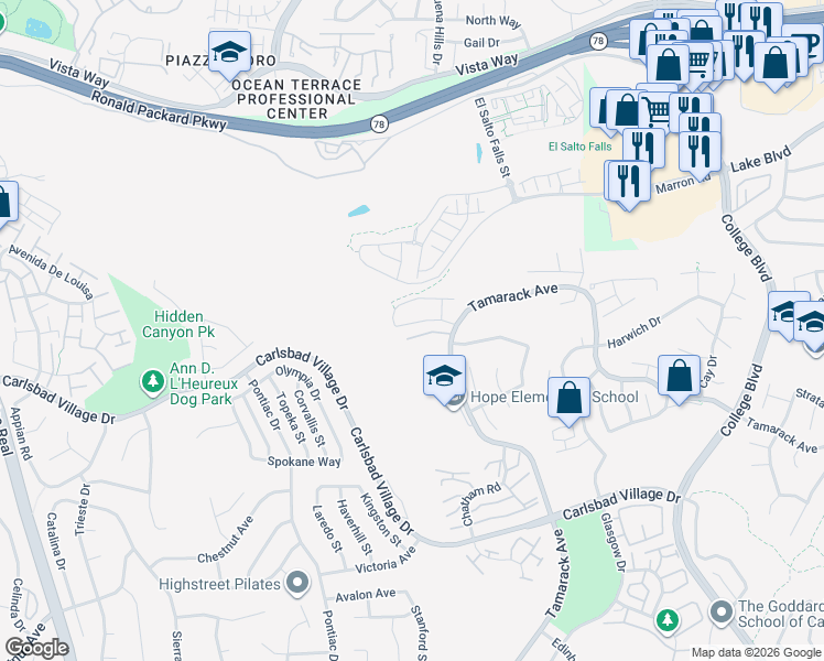 map of restaurants, bars, coffee shops, grocery stores, and more near 3538 Simsbury Court in Carlsbad
