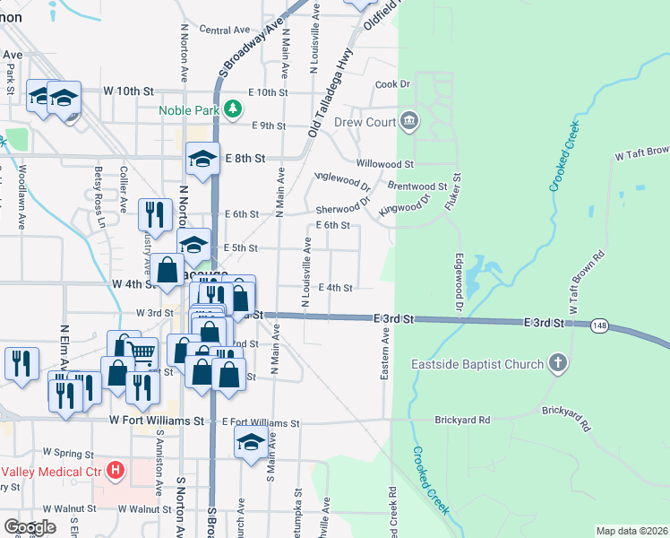 map of restaurants, bars, coffee shops, grocery stores, and more near 310 East 5th Street in Sylacauga