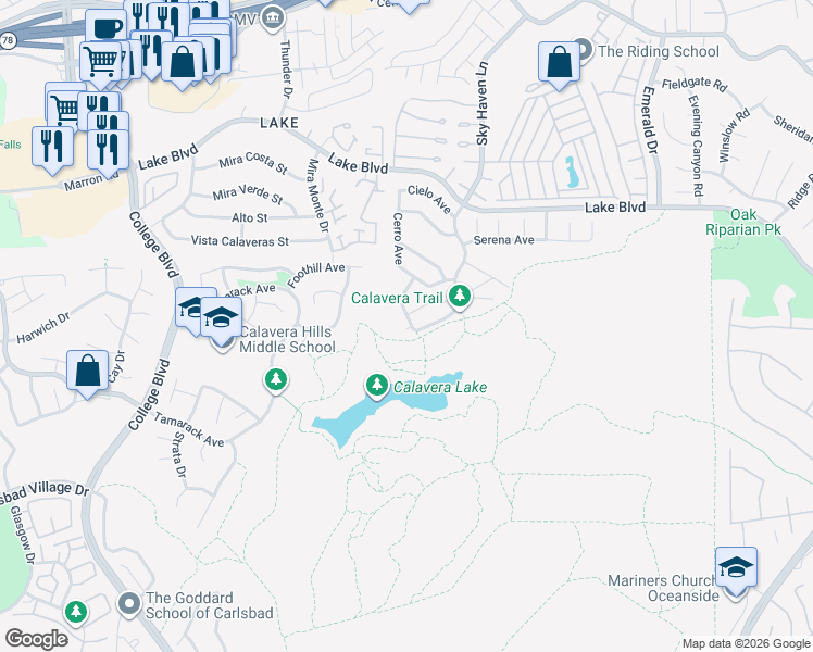 map of restaurants, bars, coffee shops, grocery stores, and more near 3667 Azure Lado Drive in Oceanside