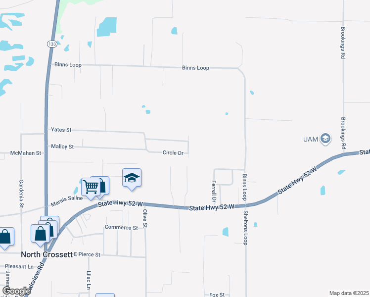 map of restaurants, bars, coffee shops, grocery stores, and more near 154 Circle Drive in Crossett