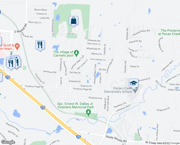 map of restaurants, bars, coffee shops, grocery stores, and more near 5701 Del Rey Drive in Denton