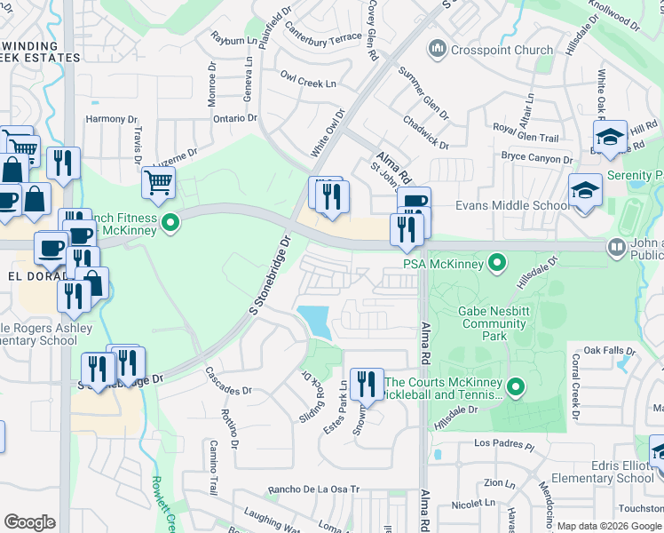 map of restaurants, bars, coffee shops, grocery stores, and more near 7835 Eldorado Parkway in McKinney