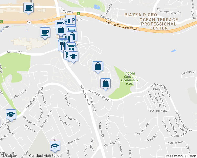 map of restaurants, bars, coffee shops, grocery stores, and more near 2602 Via Bocas in Carlsbad