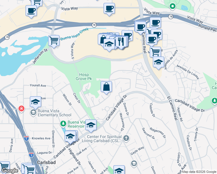 map of restaurants, bars, coffee shops, grocery stores, and more near 2895 Wintergreen Drive in Carlsbad