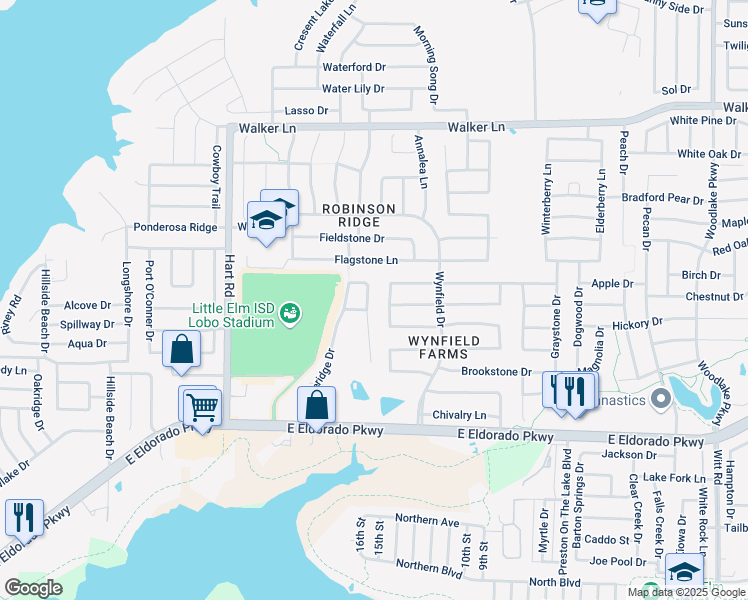 map of restaurants, bars, coffee shops, grocery stores, and more near 489 Woodgrove Drive in Little Elm