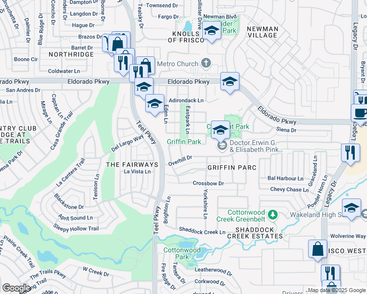 map of restaurants, bars, coffee shops, grocery stores, and more near 11590 WestLawn Lane in Frisco