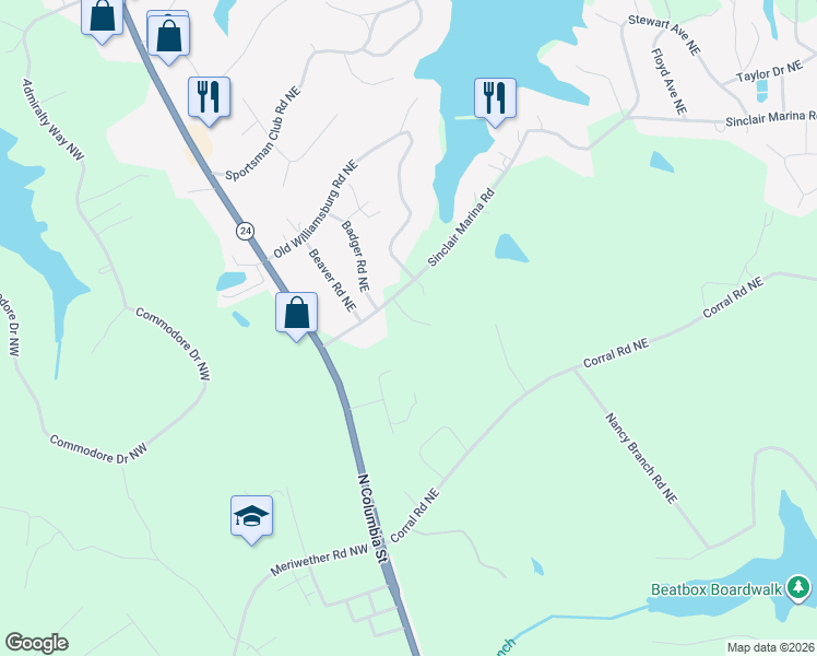 map of restaurants, bars, coffee shops, grocery stores, and more near 125 Sinclair Marina Road Northeast in Milledgeville