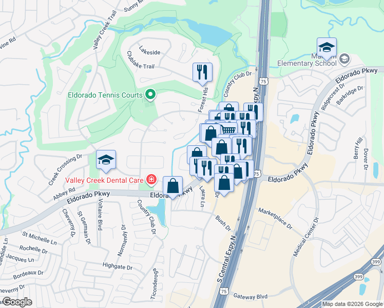 map of restaurants, bars, coffee shops, grocery stores, and more near 2808 Hidden Forest Drive in McKinney