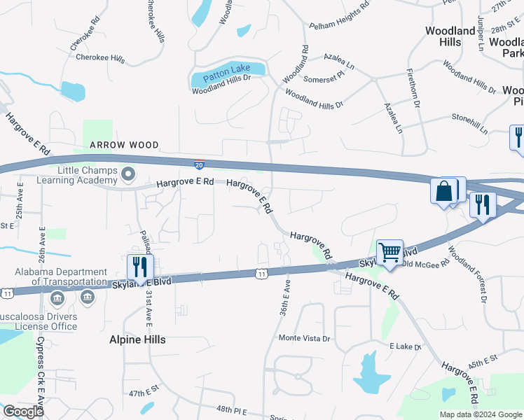 map of restaurants, bars, coffee shops, grocery stores, and more near 3719 Hargrove Road East in Tuscaloosa