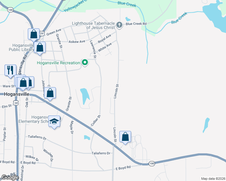map of restaurants, bars, coffee shops, grocery stores, and more near 120 Lincoln Street in Hogansville