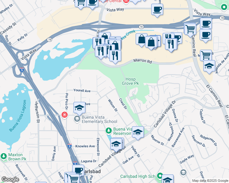 map of restaurants, bars, coffee shops, grocery stores, and more near 1898 Forest Avenue in Carlsbad