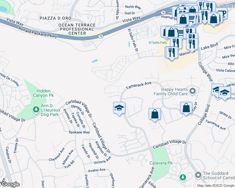 map of restaurants, bars, coffee shops, grocery stores, and more near 3509 Simsbury Court in Carlsbad