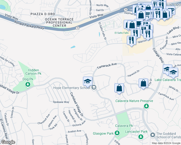 map of restaurants, bars, coffee shops, grocery stores, and more near 3509 Simsbury Court in Carlsbad