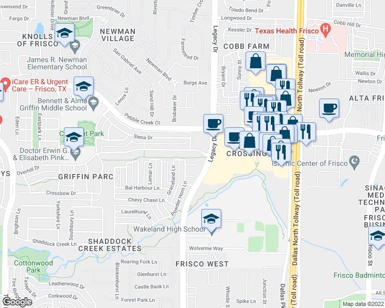 map of restaurants, bars, coffee shops, grocery stores, and more near 4601 Veneto Drive in Frisco