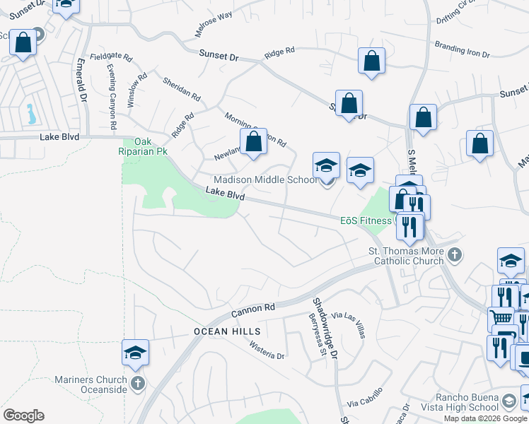 map of restaurants, bars, coffee shops, grocery stores, and more near 4661 Desmond Circle in Oceanside