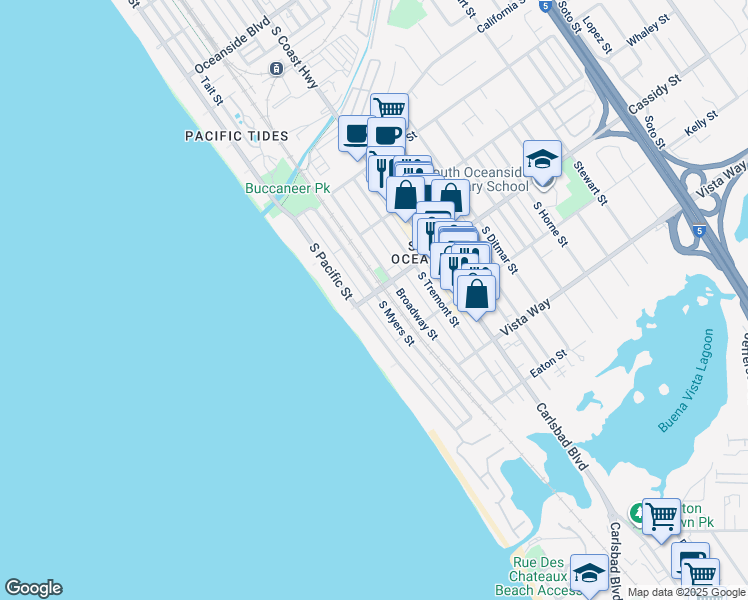 map of restaurants, bars, coffee shops, grocery stores, and more near in Oceanside
