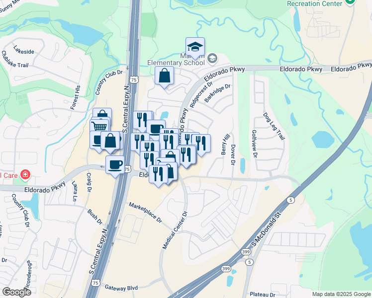 map of restaurants, bars, coffee shops, grocery stores, and more near 1514 Sandy Ridge Drive in McKinney