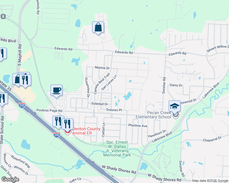 map of restaurants, bars, coffee shops, grocery stores, and more near 3508 Monte Verde Way in Denton