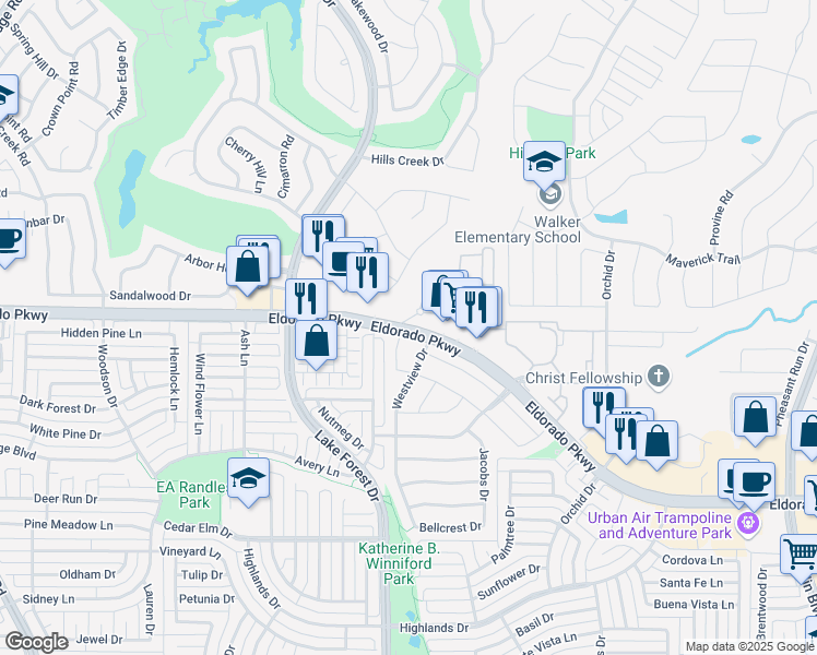 map of restaurants, bars, coffee shops, grocery stores, and more near 4660 Eldarado Parkway in McKinney