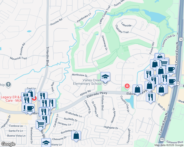 map of restaurants, bars, coffee shops, grocery stores, and more near 2710 Creek Crossing Drive in McKinney