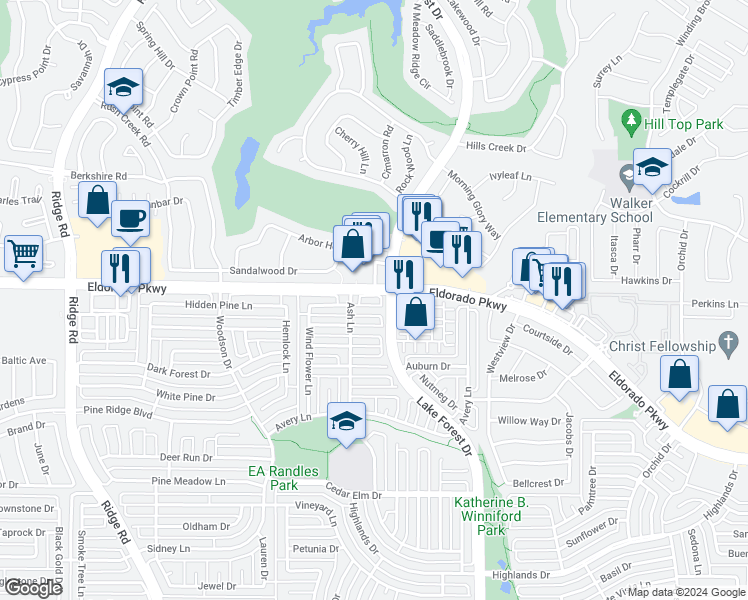 map of restaurants, bars, coffee shops, grocery stores, and more near 5008 Spicewood Drive in McKinney