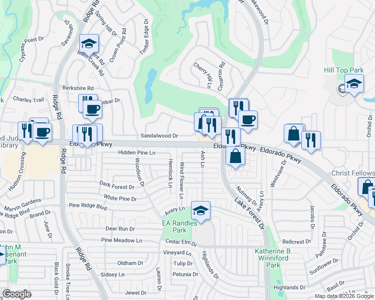 map of restaurants, bars, coffee shops, grocery stores, and more near 5301 Sandalwood Drive in McKinney