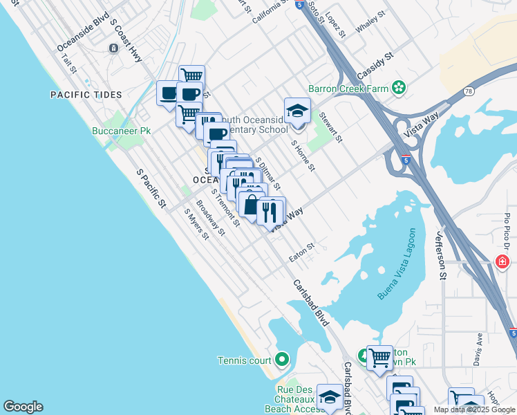 map of restaurants, bars, coffee shops, grocery stores, and more near 1913 South Freeman Street in Oceanside