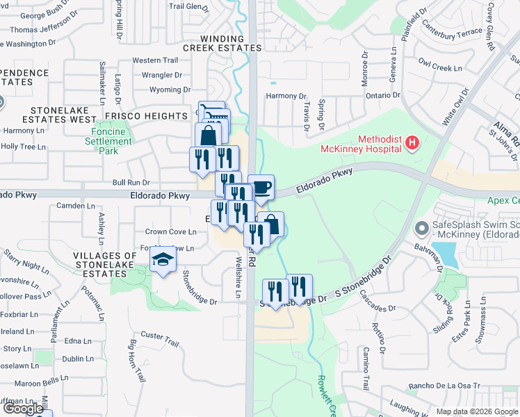 map of restaurants, bars, coffee shops, grocery stores, and more near 8975 Eldorado Parkway in McKinney