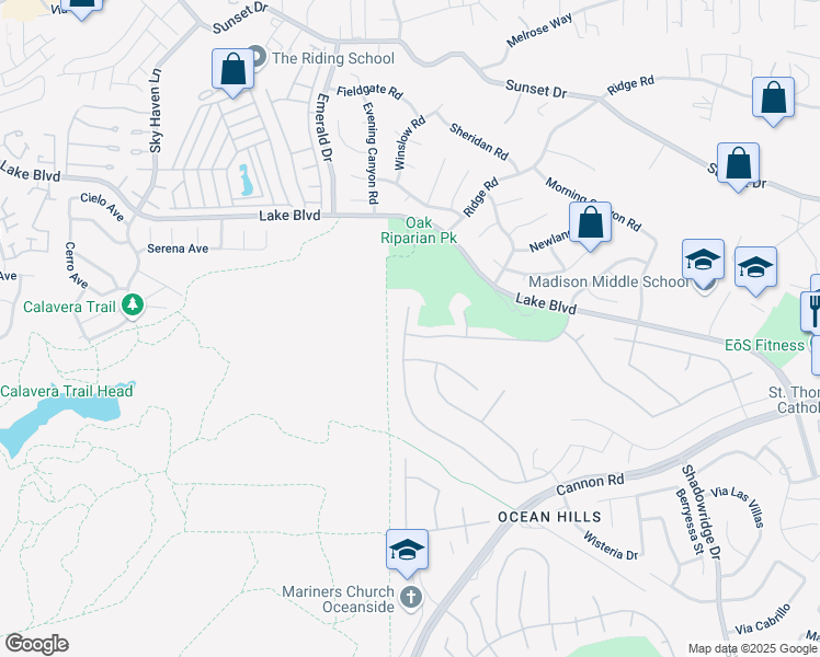 map of restaurants, bars, coffee shops, grocery stores, and more near 3702 Southridge Way in Oceanside