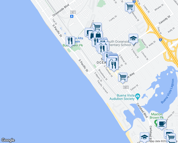 map of restaurants, bars, coffee shops, grocery stores, and more near 1744 South Pacific Street in Oceanside