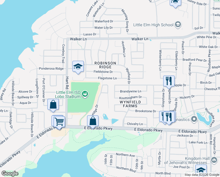 map of restaurants, bars, coffee shops, grocery stores, and more near 489 Woodgrove Drive in Little Elm