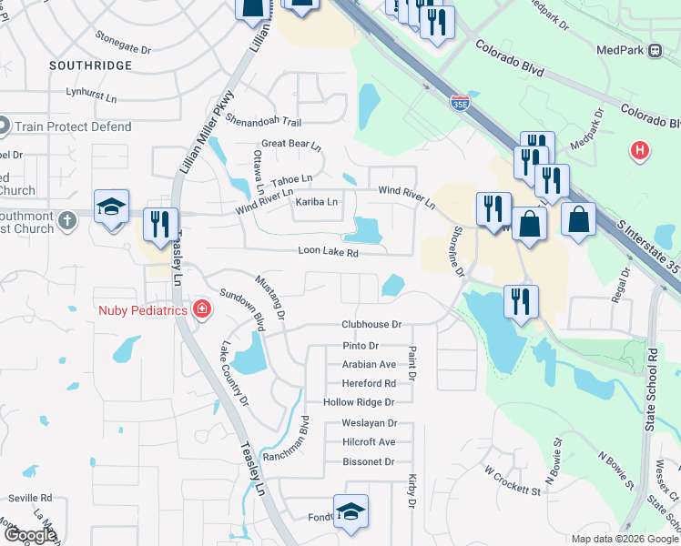 map of restaurants, bars, coffee shops, grocery stores, and more near Pioneer Drive in Denton