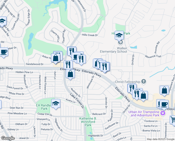 map of restaurants, bars, coffee shops, grocery stores, and more near 4678 Eldarado Parkway in McKinney