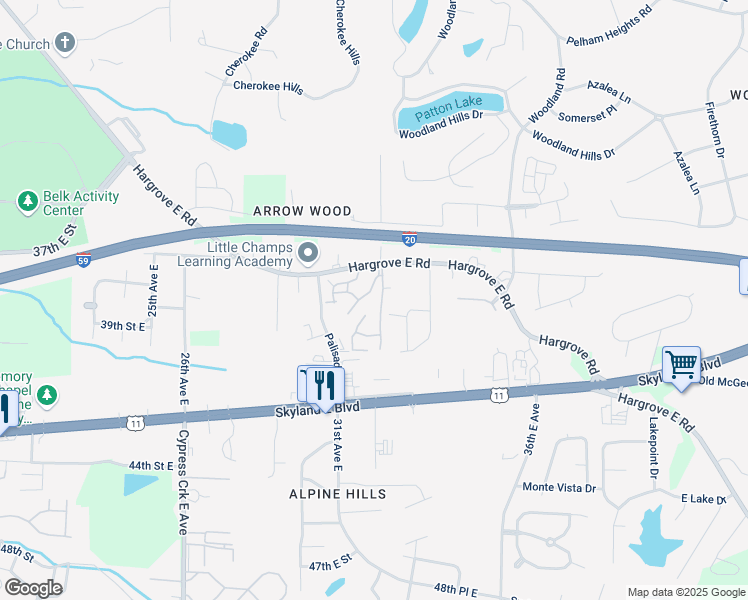 map of restaurants, bars, coffee shops, grocery stores, and more near 3727 Palisades Drive in Tuscaloosa