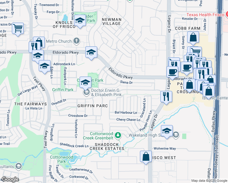 map of restaurants, bars, coffee shops, grocery stores, and more near 4082 Veneto Drive in Frisco