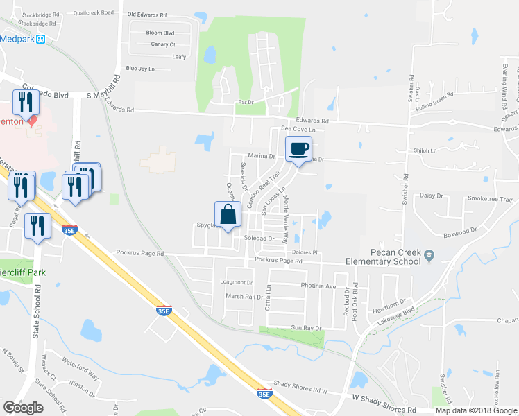 map of restaurants, bars, coffee shops, grocery stores, and more near 3616 San Lucas Lane in Denton