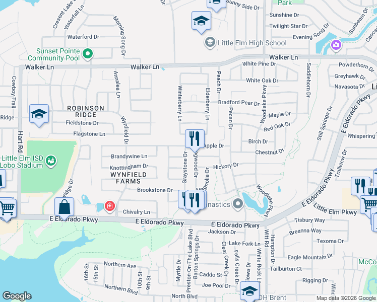 map of restaurants, bars, coffee shops, grocery stores, and more near 2436 Dogwood Drive in Little Elm