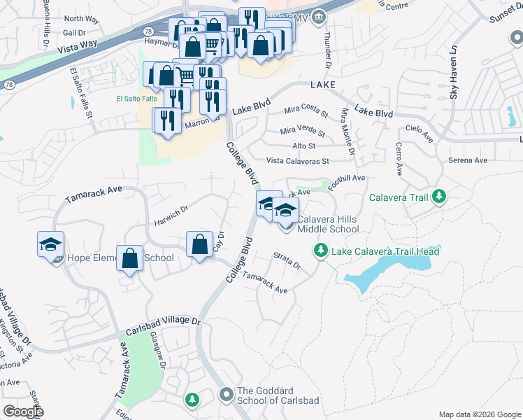 map of restaurants, bars, coffee shops, grocery stores, and more near 4100 Tamarack Avenue in Carlsbad