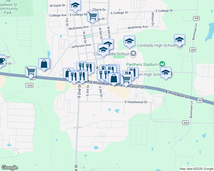 map of restaurants, bars, coffee shops, grocery stores, and more near 400 E Princeton Dr in Princeton