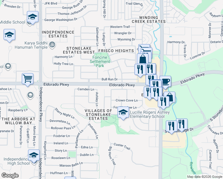 map of restaurants, bars, coffee shops, grocery stores, and more near 12854 Covey Point Lane in Frisco