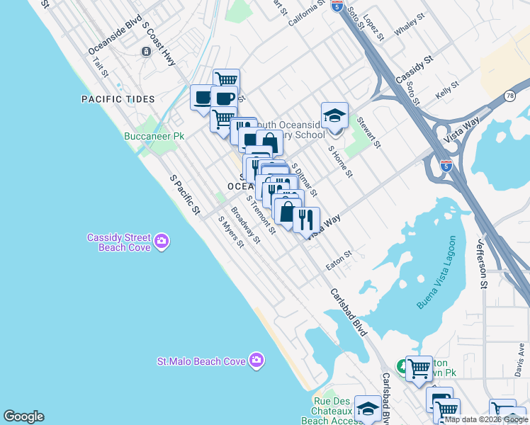 map of restaurants, bars, coffee shops, grocery stores, and more near 1834 South Tremont Street in Oceanside